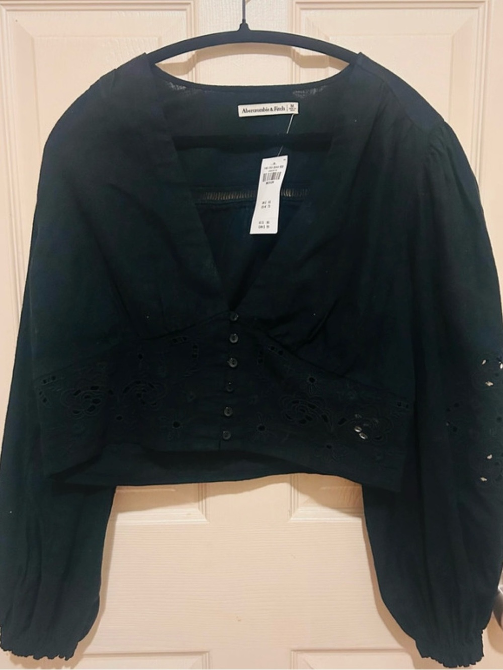 Abercrombie & Fitch Black Eyelet Button-Front Cropped Blouse